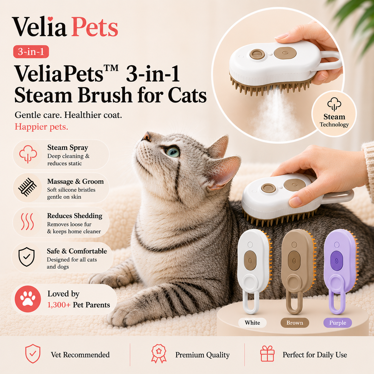 VeliaPets™ 3-in-1 Steam Brush for Cats