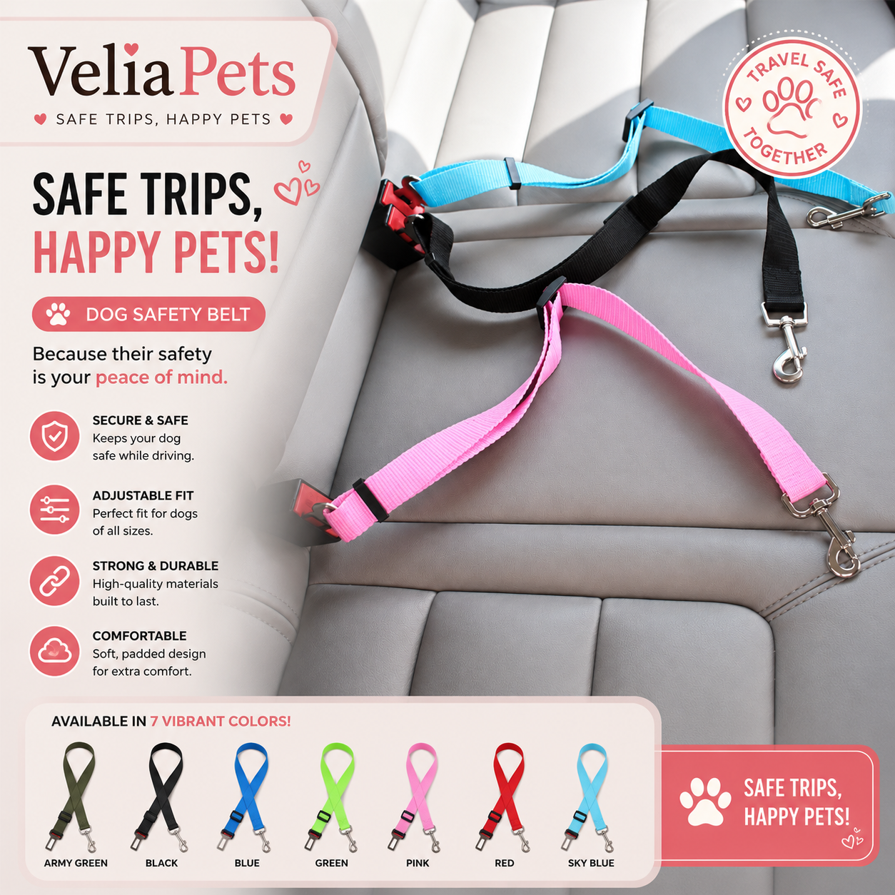 VeliaPets™ Adjustable Pet Car Seat Belt | Secure Safety Harness Lead for Dogs Travel