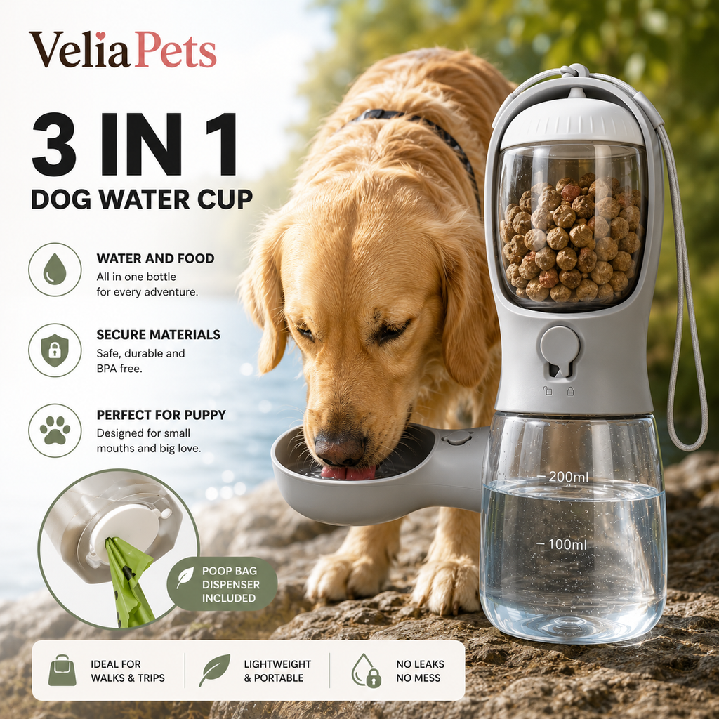 VeliaPets™ 3-in-1 Dog Water Bottle – Portable Pet Water Dispenser with Food Container & Poop Bag Holder