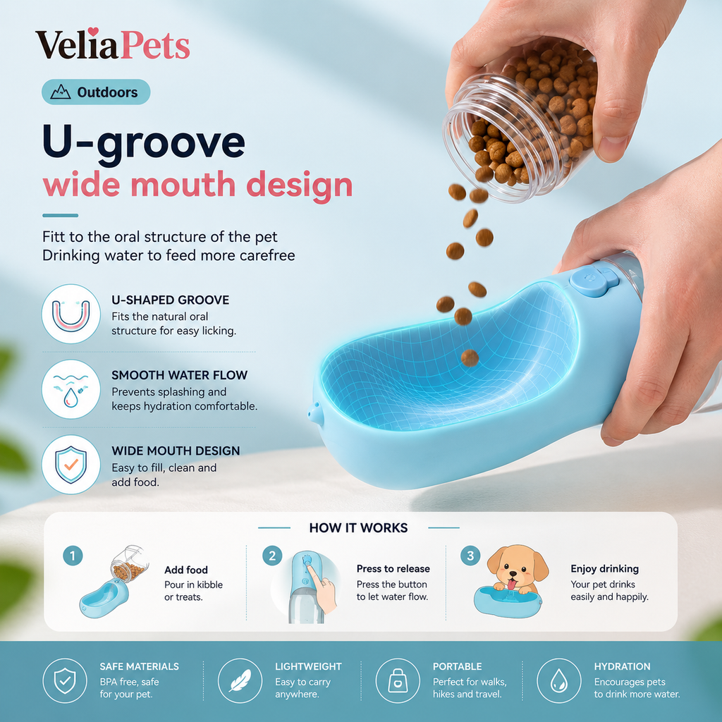 VeliaPets™ 3-in-1 Dog Water Bottle – Portable Pet Water Dispenser with Food Container & Poop Bag Holder