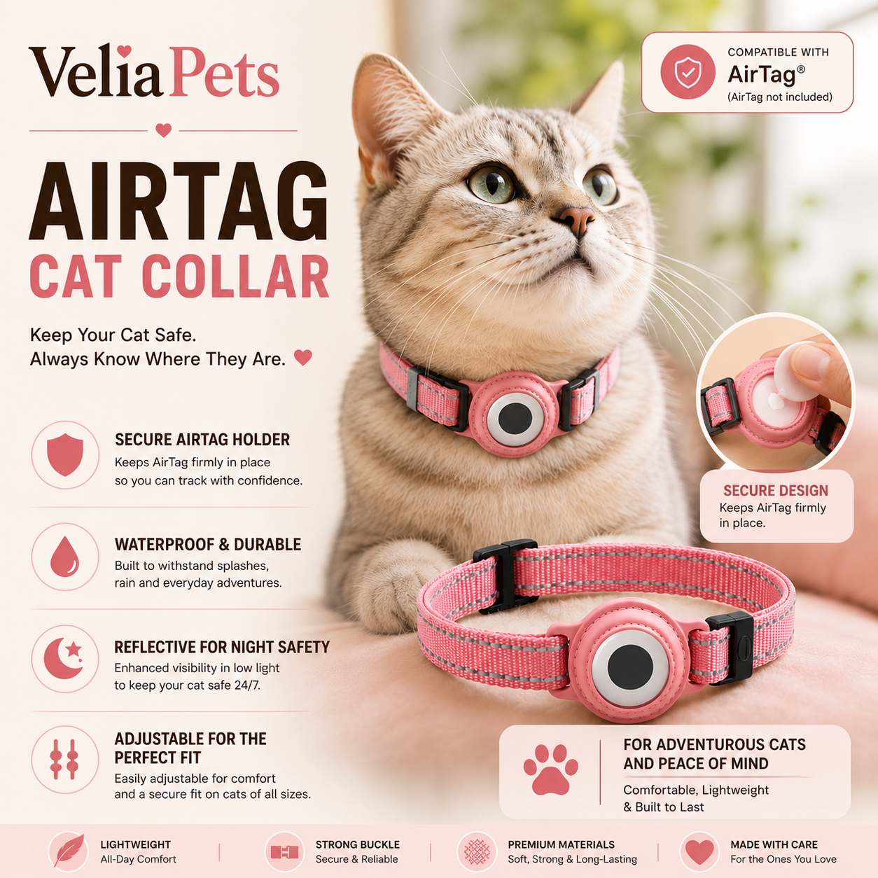 VeliaPets™ AirTag Cat Collar – Reflective, Waterproof & Adjustable (AirTag Not Included)